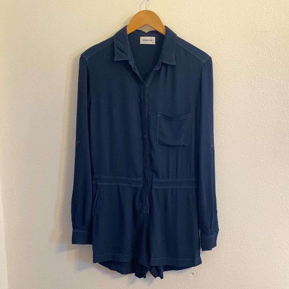 Sam & Lavi Navy Blue Jumpsuit Front Button Long Sleeve with Pockets Size Small